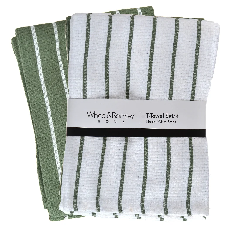 Dishwasher-safe plastic trays-Tea Towel Set/4 Green & White Stripe