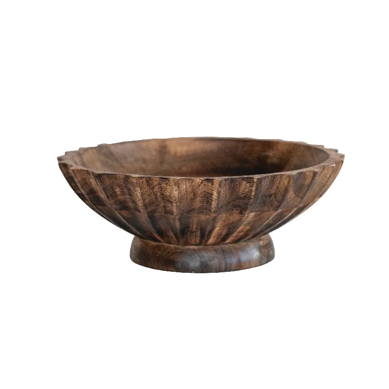 Luxury silver-rimmed dinnerware-Hand-Carved Mango Wood Footed Bowl with Scalloped Edge - 9.5"L x 9.5"W x 3.5"H - 9.5"L x 9.5"W x 3.5"H