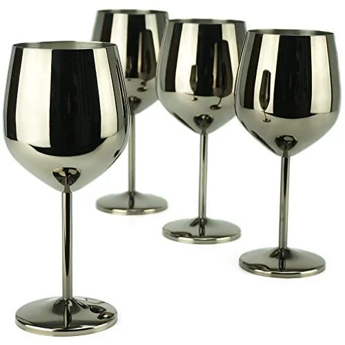 Personalized family mugs-PG Stainless Steel Stem Wine Glass - Set of 4 - Black Color - 18.5oz