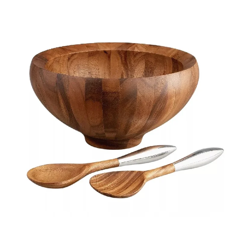 Elegant gold soup spoons-Nambe Yaro Acacia-Wood Salad Bowl with 2 Servers - Brown - 14" x 7"