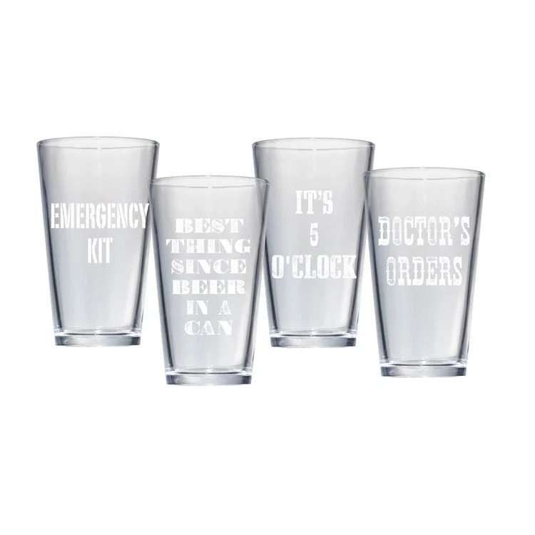 Beer Pub 15 Oz Glasses Four Assorted Designs Set of 4