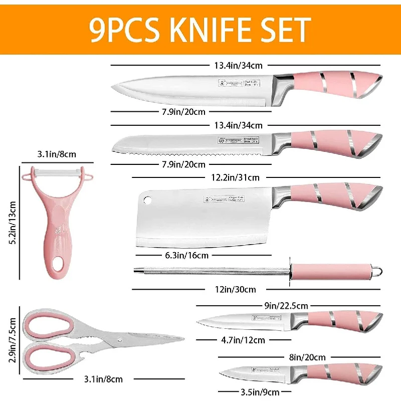 9-Pieces Pink Sharp Non-Stick Coated Chef Knives Block Set