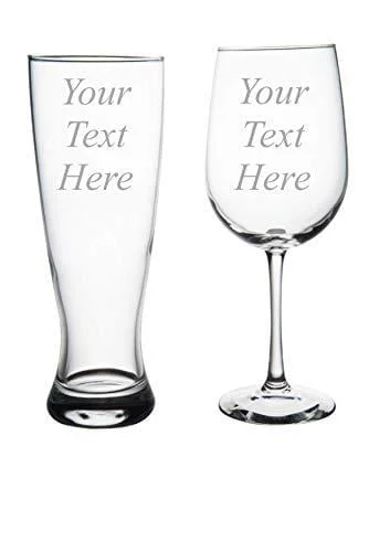 Hand-blown crystal cups-Custom Etched 19 oz Wine Glass and 23 oz. Pilsner, you choose your text and font