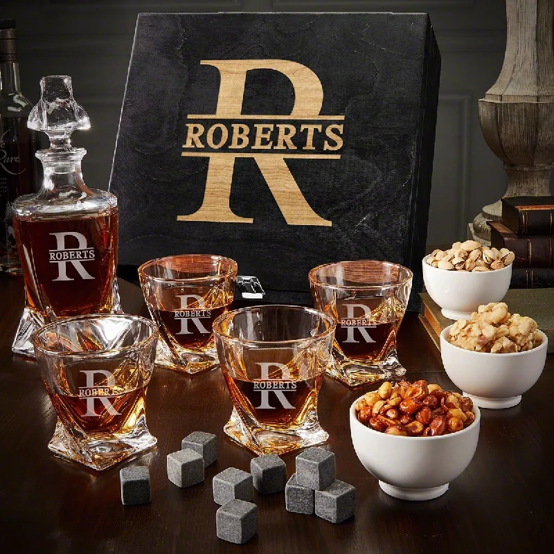 Eco-friendly silicone tumblers-Twist Custom Bourbon Decanter Set with Snacks -  Black Ebony Box 11pc