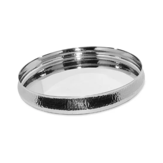 Luxury silver-rimmed dinnerware-Stainless Steel Hammered Curved Thali, 13" Round Dinnerware Thali