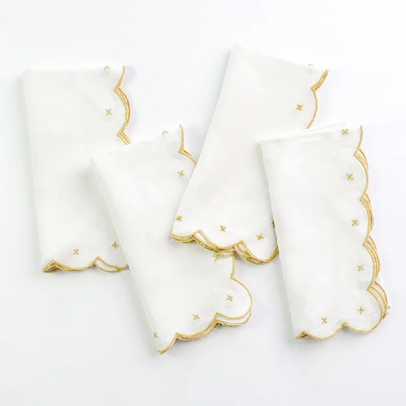 Compact travel dinnerware kits-Scalloped Knot Goldenrod Embroidered Linen Napkin | Set of 4