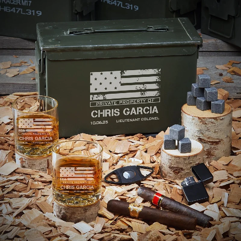 Microwave-safe glass mugs-Personalized 50 Cal Ammo Can Whiskey Set - Gift for Military