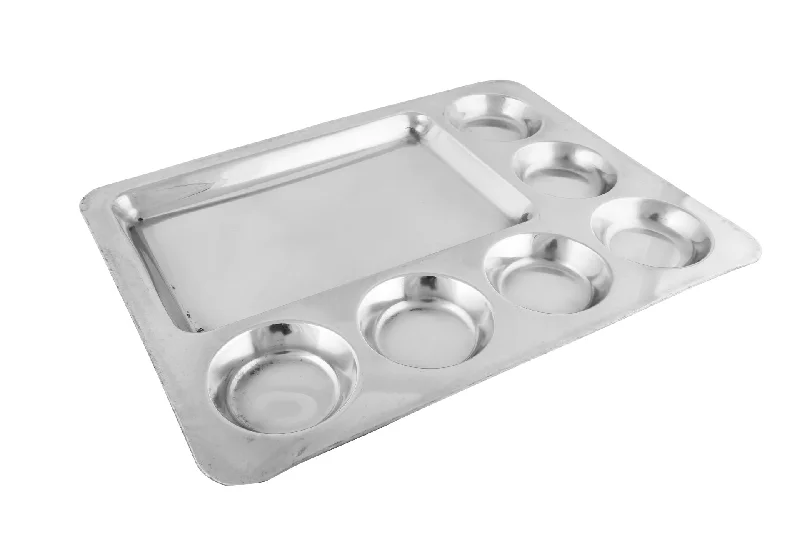 Retro floral serving trays-Stainless Steel Rectangular Thali or Mess Tray, 7 Compartments