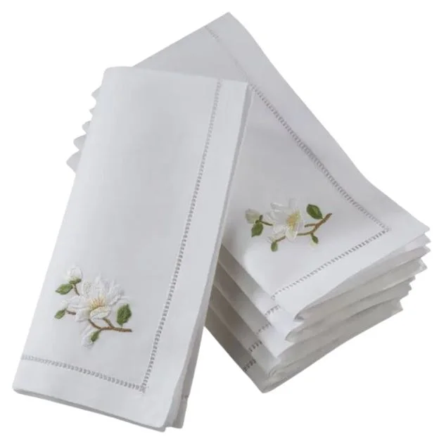 Stackable plastic dinner plates-Embroidered Magnolia Hemstitch Napkin 6 Pack