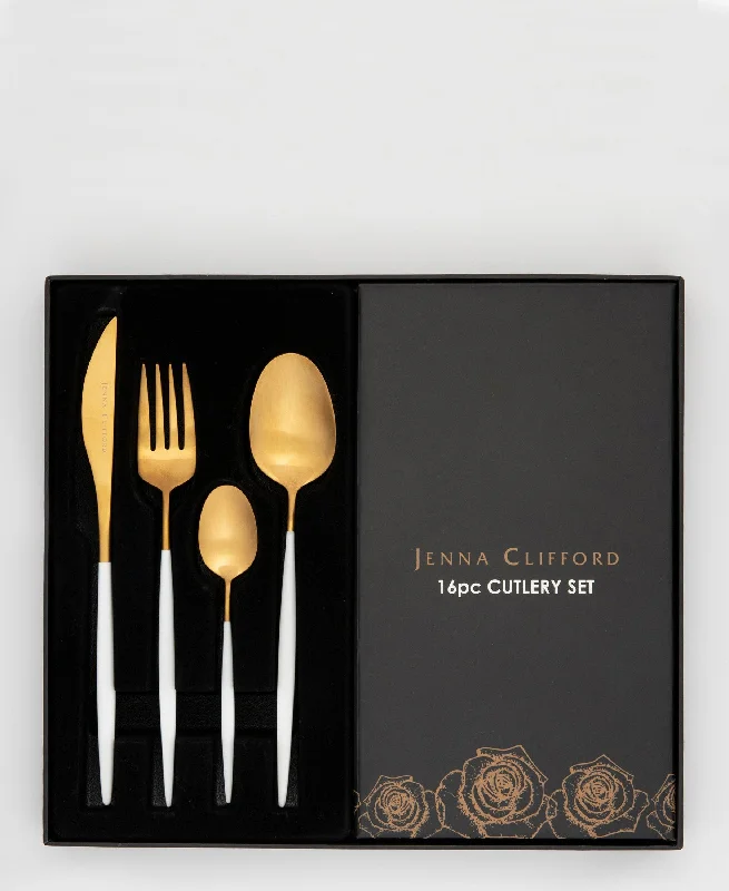 Festive Easter tableware sets-Jenna Clifford Satin 16 Piece Cutlery Set - White & Gold