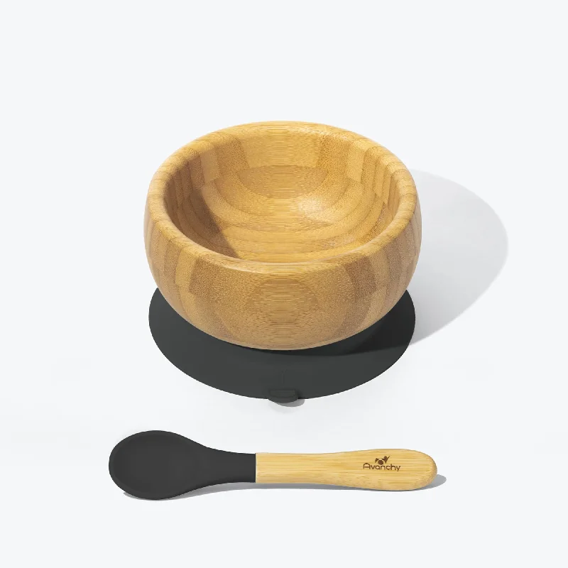 Durable stainless steel knives-Avanchy Bamboo Suction Baby Bowl + Spoon - Black