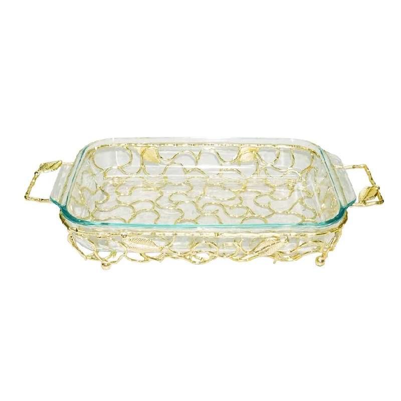 Stylish bronze serving trays-Rectangular Gold Handled Pyrex Holder with Leaf Design