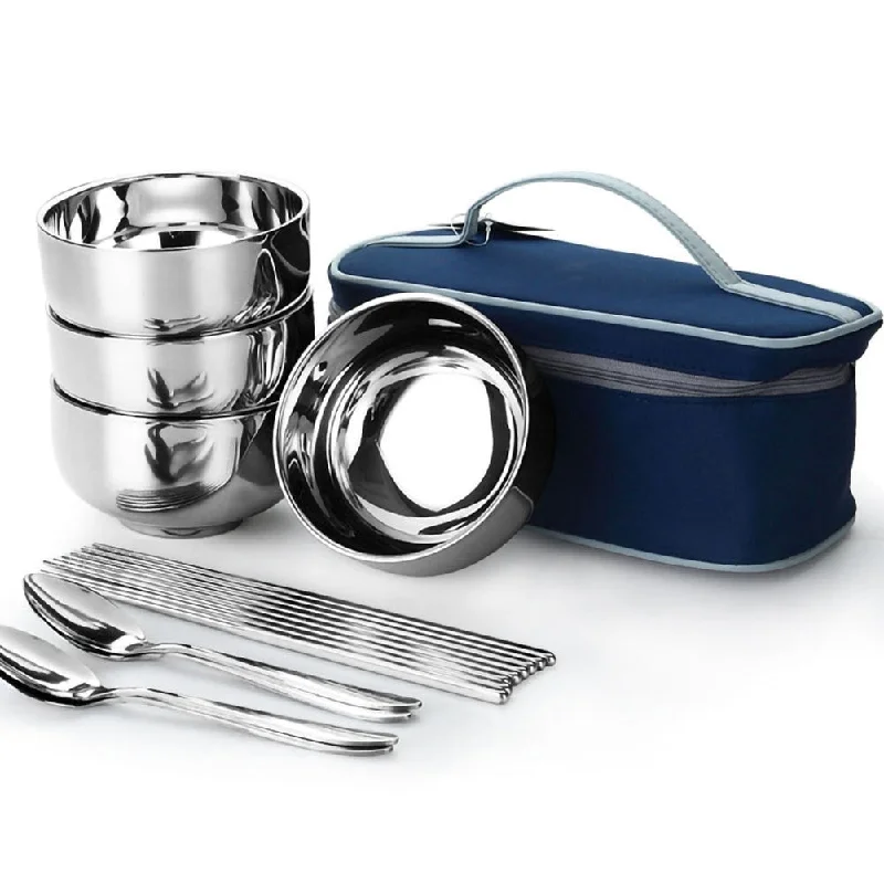 Designer crystal pitchers-Outdoor Picnic Tourist Set Stainless Steel Camping Bowls Cutlery