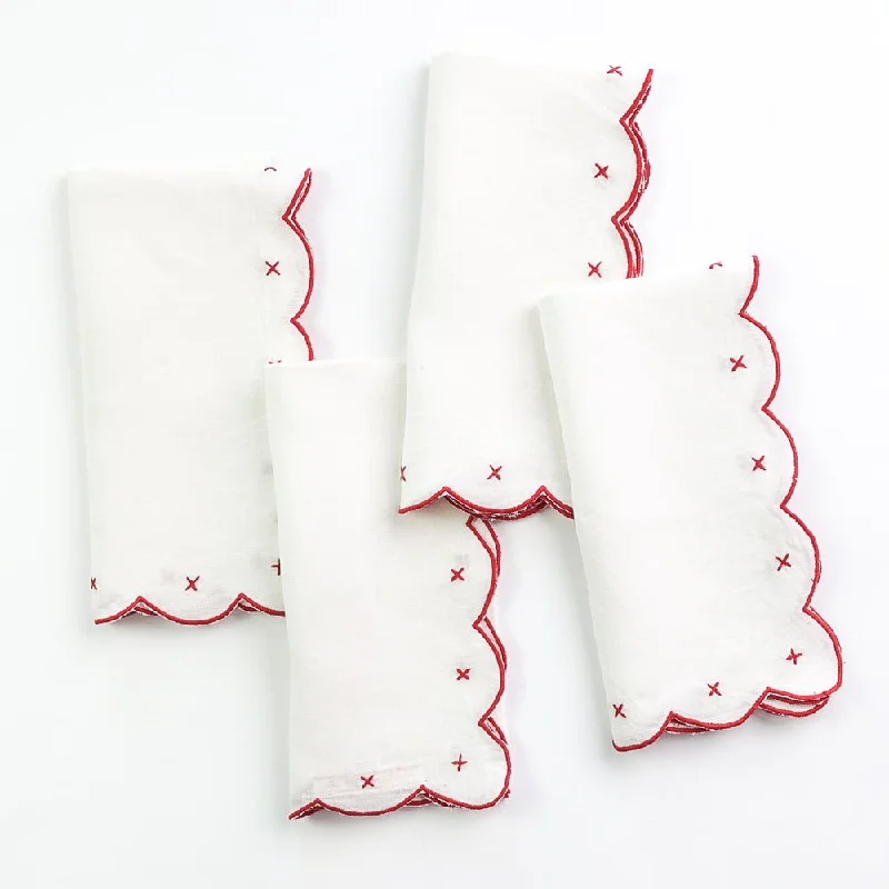 Microwave-safe ceramic dishes-Scalloped Knot Red Embroidered Linen Napkin | Set of 4