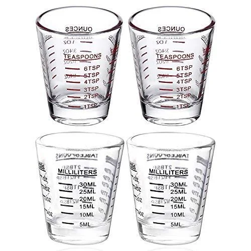 Artisan glass latte tumblers-Shot Glasses Measuring cup Espresso Shot Glass Liquid Heavy Glass Wine Glass 26-Incremental Measurement 1oz, 6 Tsp, 2 Tbs, 30ml (2 pack-Black + 2 pack-Red)