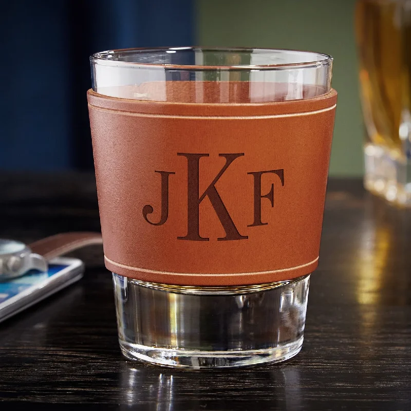 Retro checkered teacups-Whiskey Glass with Personalized Leather Wrap