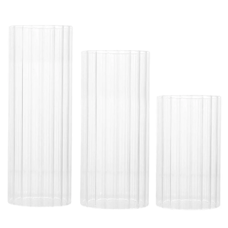 Rustic linen curtains-Clear Ribbed Glass Cylinder Vase Set, Set of 3