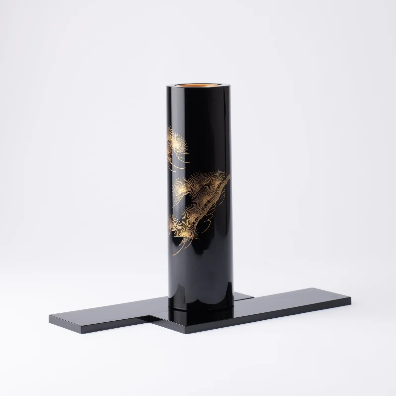 Rustic wooden table runners-Fukunishi Sobe Pine Tree Aizu Lacquer Cylindrical Flower Vase with Tray