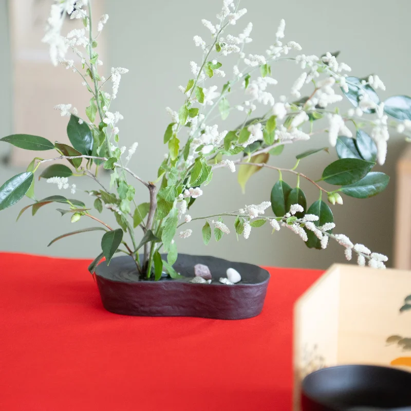 Bold blue accent vases-Gingado Charcoal Gray Elliptical Takaoka Copperware Ikebana Flower Vase