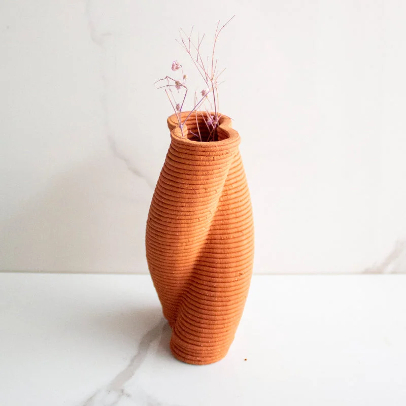 Stylish woven throw rugs-Terracotta Brown and Twisted Flower Vase