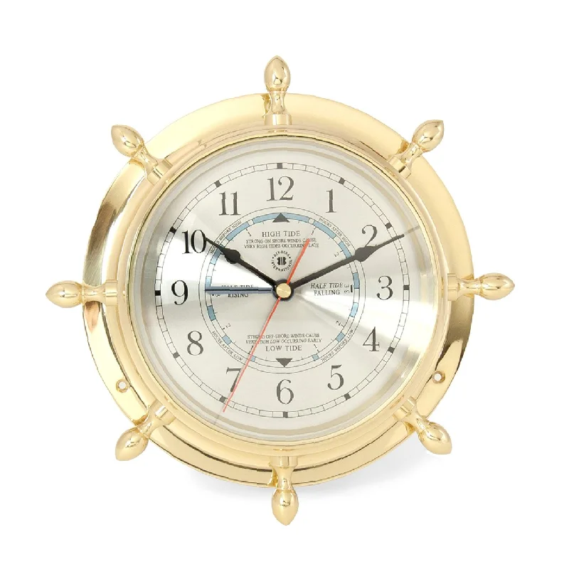 Sleek acrylic terrariums-Bey-Berk Lacquered Brass Ship's Wheel Tide & Time Quartz Clock SQ562