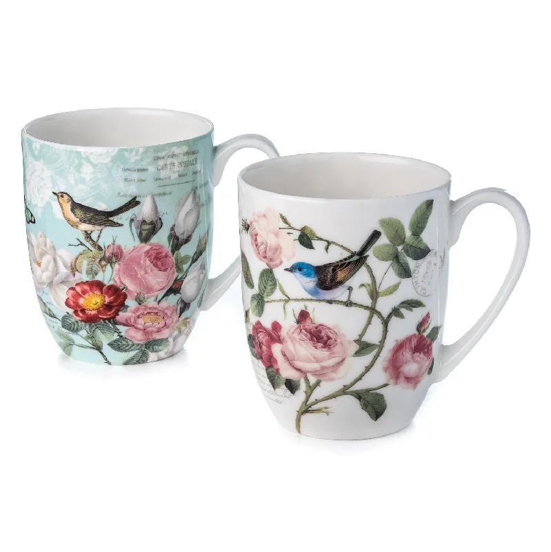 Classic red coffee mugs-Bird Garden Mug Pair