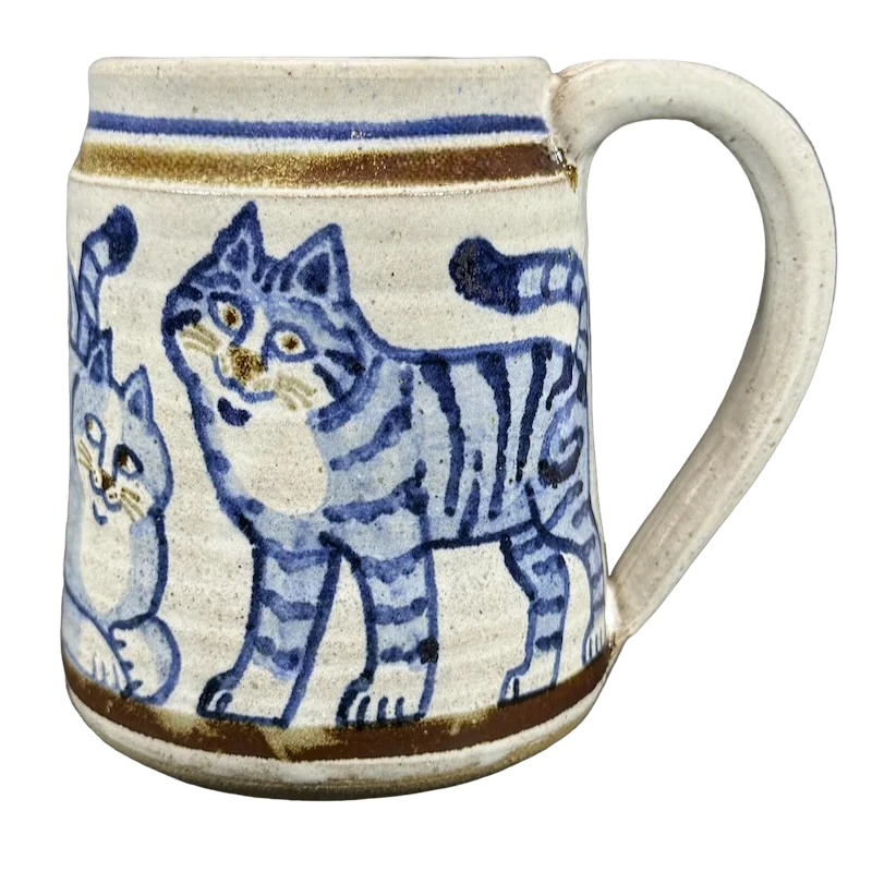 Minimalist stoneware tumblers-Blue Cats And Kitten Signed Pottery Mug