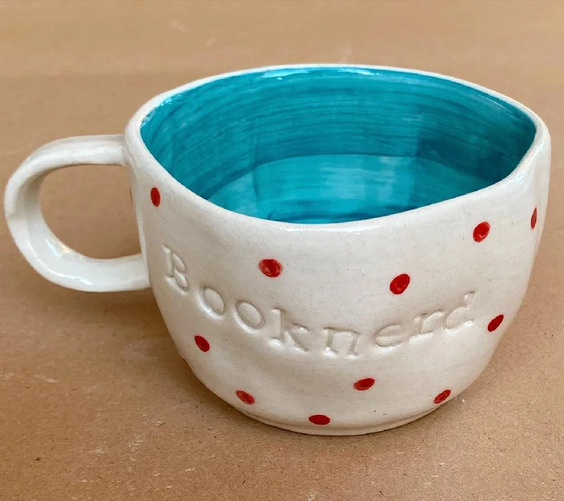 Durable plastic camping cups-Booknerd wobbly mug in aqua. These mugs are hand built so each mug will be different in its crookedness and wobbliness. No two are the same. ￼