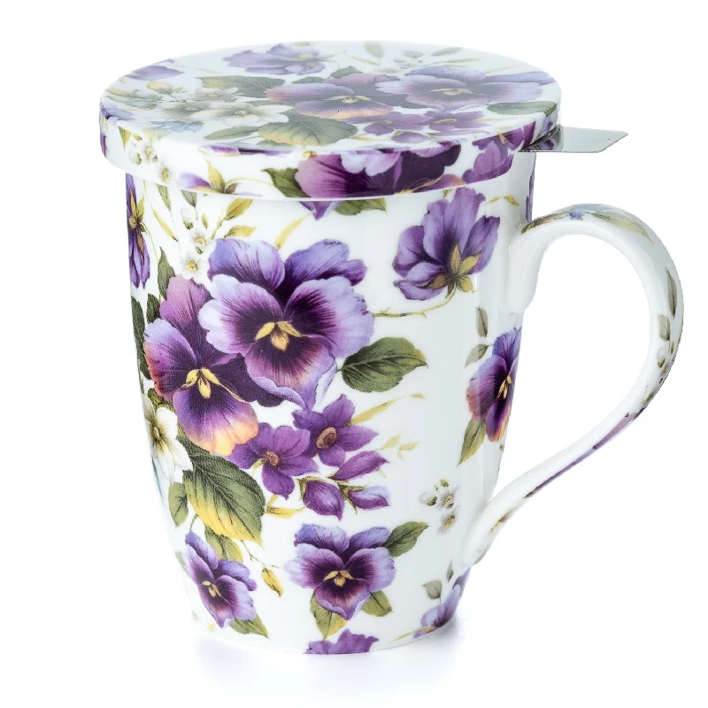 Artisan stoneware latte mugs-Chintz Purple Pansies Tea Mug w/ Infuser and Lid | NEW for 2024