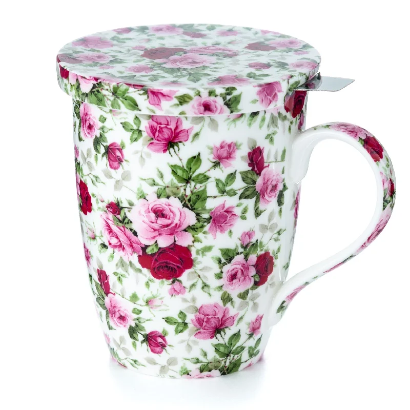 Glossy black ceramic tumblers-Chintz Red & Pink Roses Tea Mug w/ Infuser and Lid | NEW for 2024