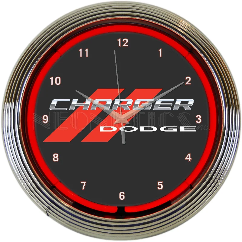 Sleek stainless wall decor-Dodge Charger Red Neon Clock