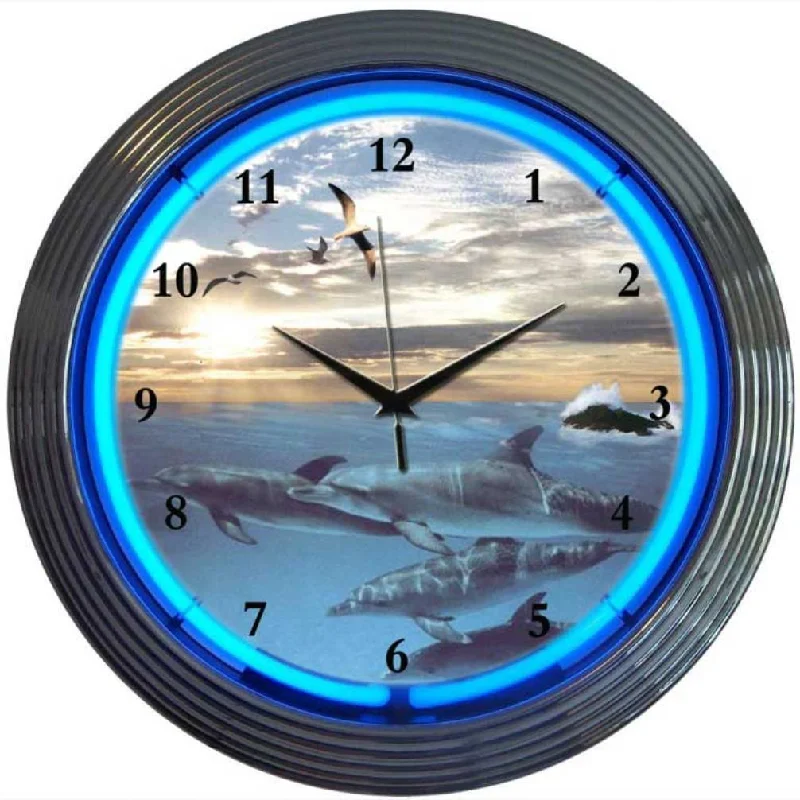 Hand-painted bamboo frames-Dolphins at Sea Neon Clock