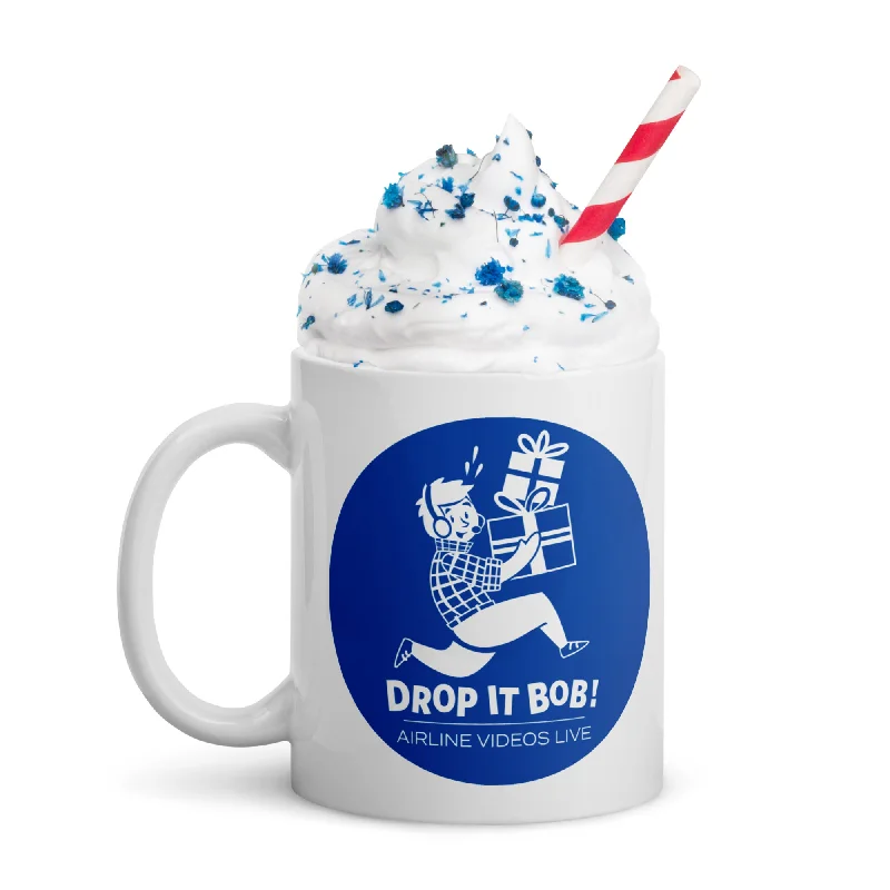 Handmade pottery latte cups-DROP IT BOB! (BLUE) White glossy mug