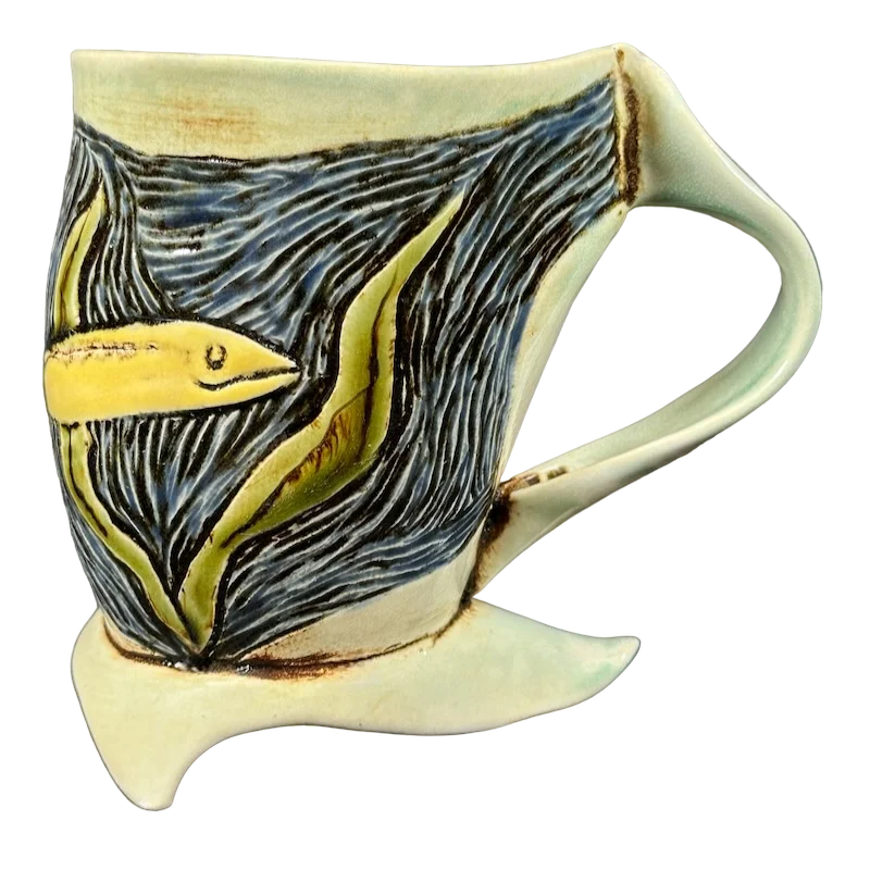 Vintage enamel coffee cups-Fish And Plants Underwater Etched Pottery Mug RRS Pottery