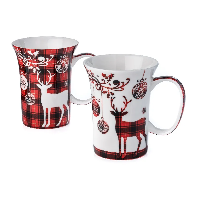 Compact ceramic travel mugs-Holiday Reindeer Mug Pair