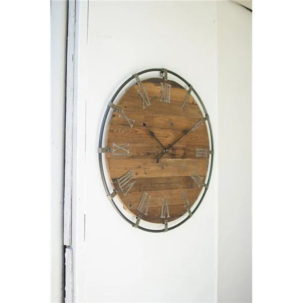 Vintage silver wall clocks-Kalalou CLL2256 Wooden Wall Clock with Metal Frame