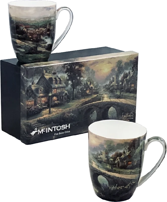 Minimalist ceramic water mugs-Kinkade Lamplight Village Mug Pair