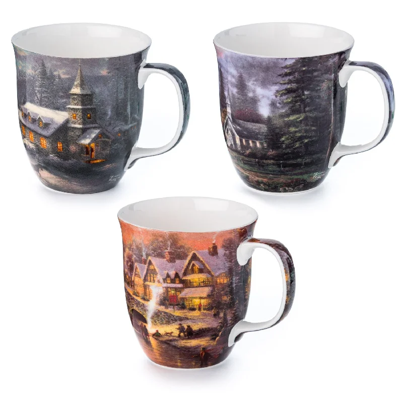 Quirky slogan coffee mugs-Kinkade 'Winter's Eve' 3 Mug Bundle