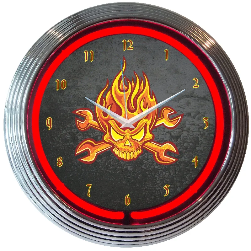 Vintage checkered lanterns-Mechanic Fire Skull and Wrenches Neon Clock