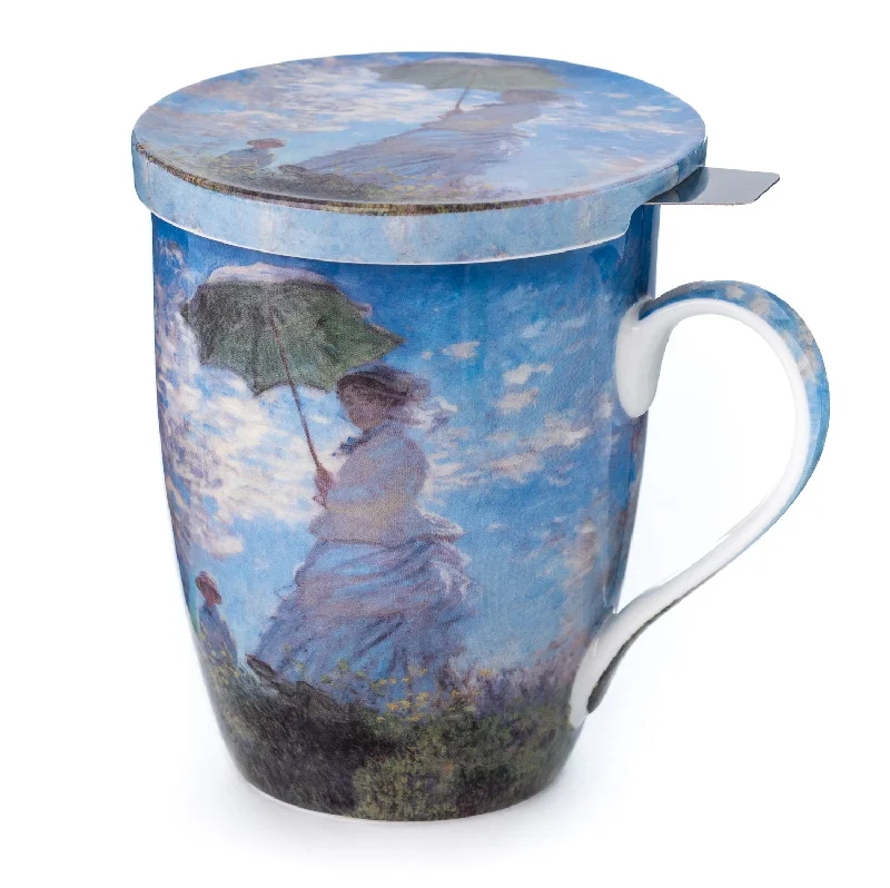 Frosted glass coffee tumblers-Monet Woman with a Parasol Tea Mug w/ Infuser and Lid