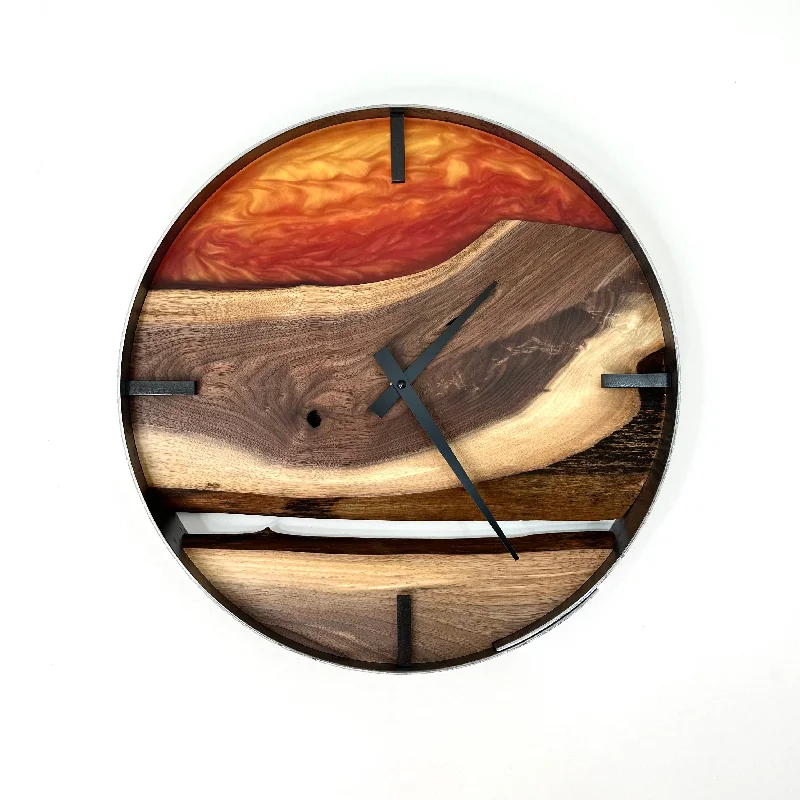 Modern circular table clocks-*NEW // 14” Black Walnut Live Edge Wood Wall Clock ft. Sunrise Epoxy Inlay