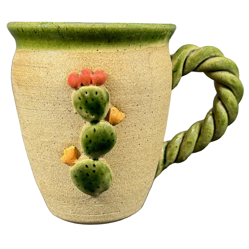 Classic blue porcelain cups-Prickly Pear Cactus Embossed 3D Braided Handle Signed Pottery Mug