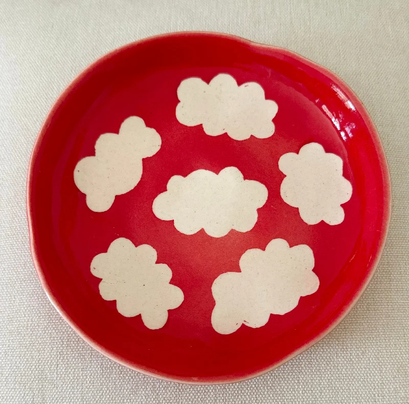 Classic blue porcelain cups-Red clouds wobbly snacking plate. Size 6”.