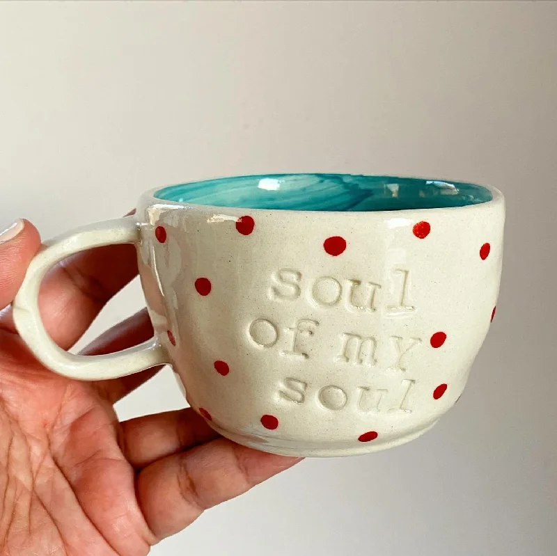 Insulated glass travel cups-Soul of my soul wobbly mug in aqua. Proceeds from this mug go to Gaza.