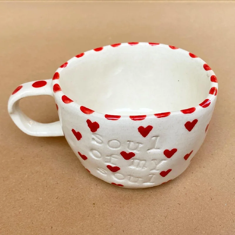 Compact collapsible water cups-Soul of my soul wobbly mug in red hearts. Proceeds from this mug go to Gaza. These mugs are hand built so each mug will be different in its crookedness and wobbliness. No two are the same.