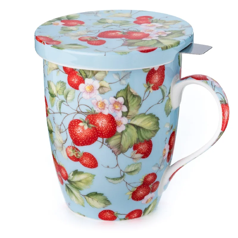 Dishwasher-safe porcelain tumblers-Strawberries Forever Tea Mug w/ Infuser and Lid