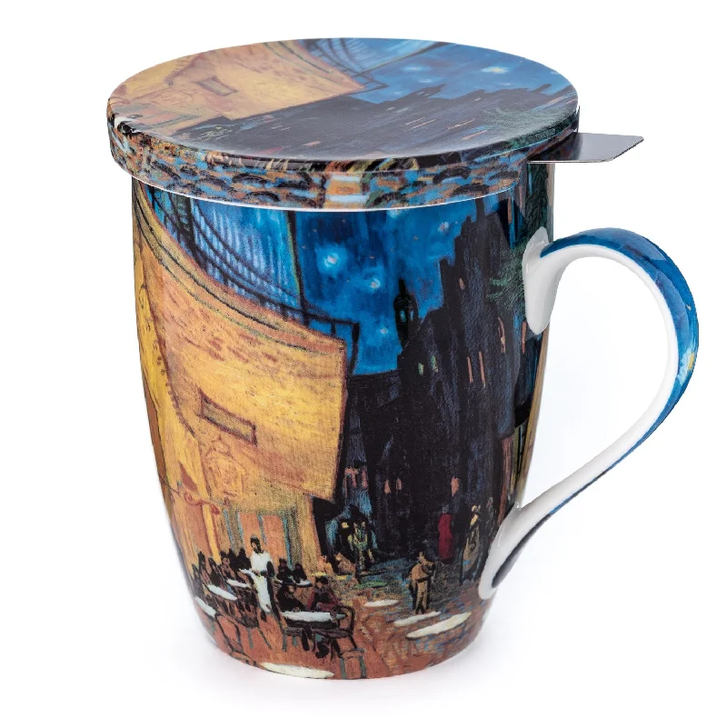 Glitter-decorated water cups-Van Gogh Cafe Terrace at Night Tea Mug W/Infuser and Lid