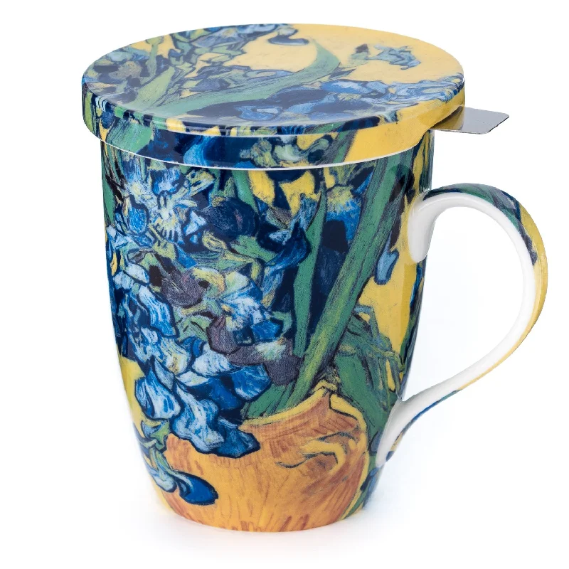 Frosted glass coffee tumblers-Van Gogh Irises Tea Mug w/ Infuser and Lid