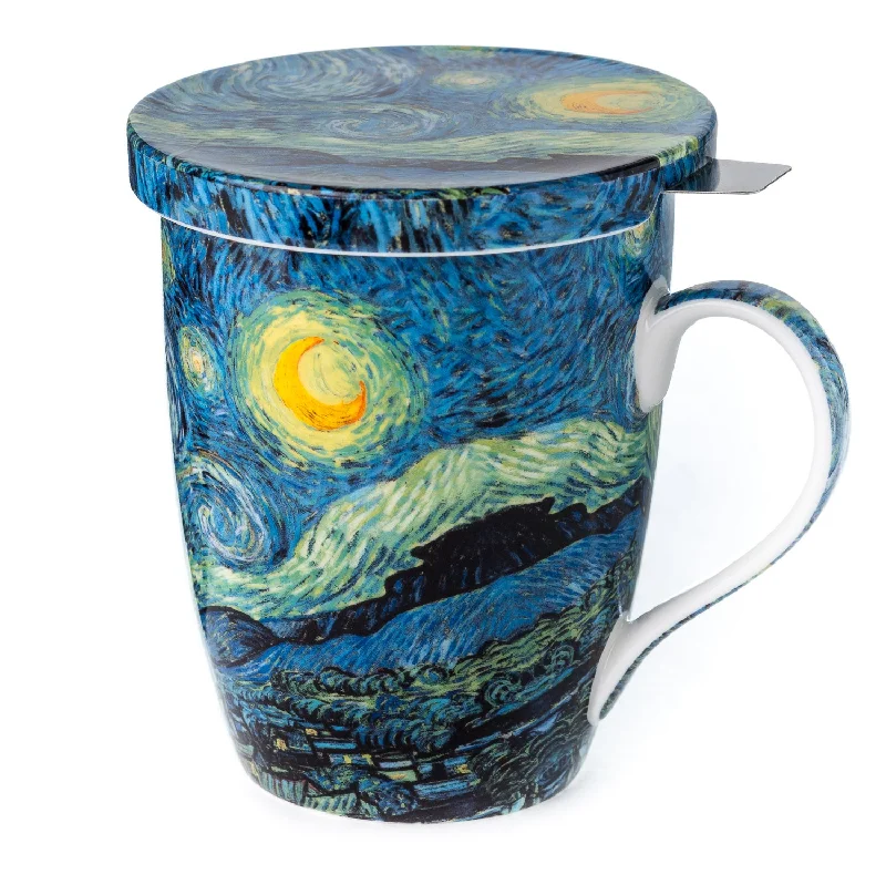 Elegant silver-rimmed mugs-Van Gogh Starry Night Tea Mug W/Infuser and Lid