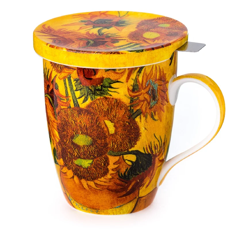 Foldable silicone travel mugs-Van Gogh Sunflowers Tea Mug w/Infuser and Lid